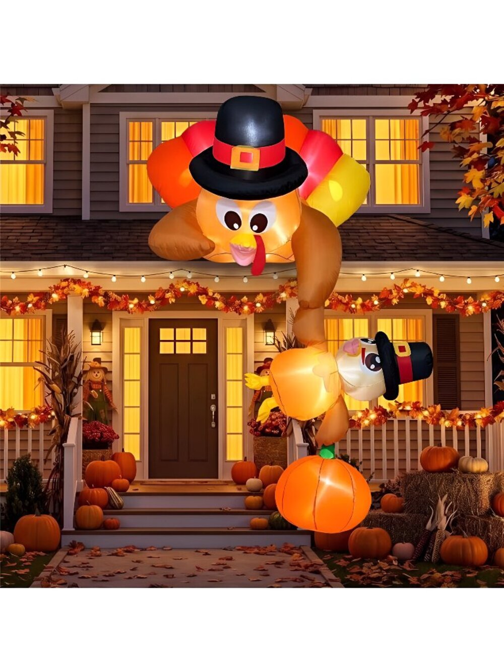 8FT Thanksgiving Inflatables, Inflatable Turkey Pulling Turkey & Pumpkin